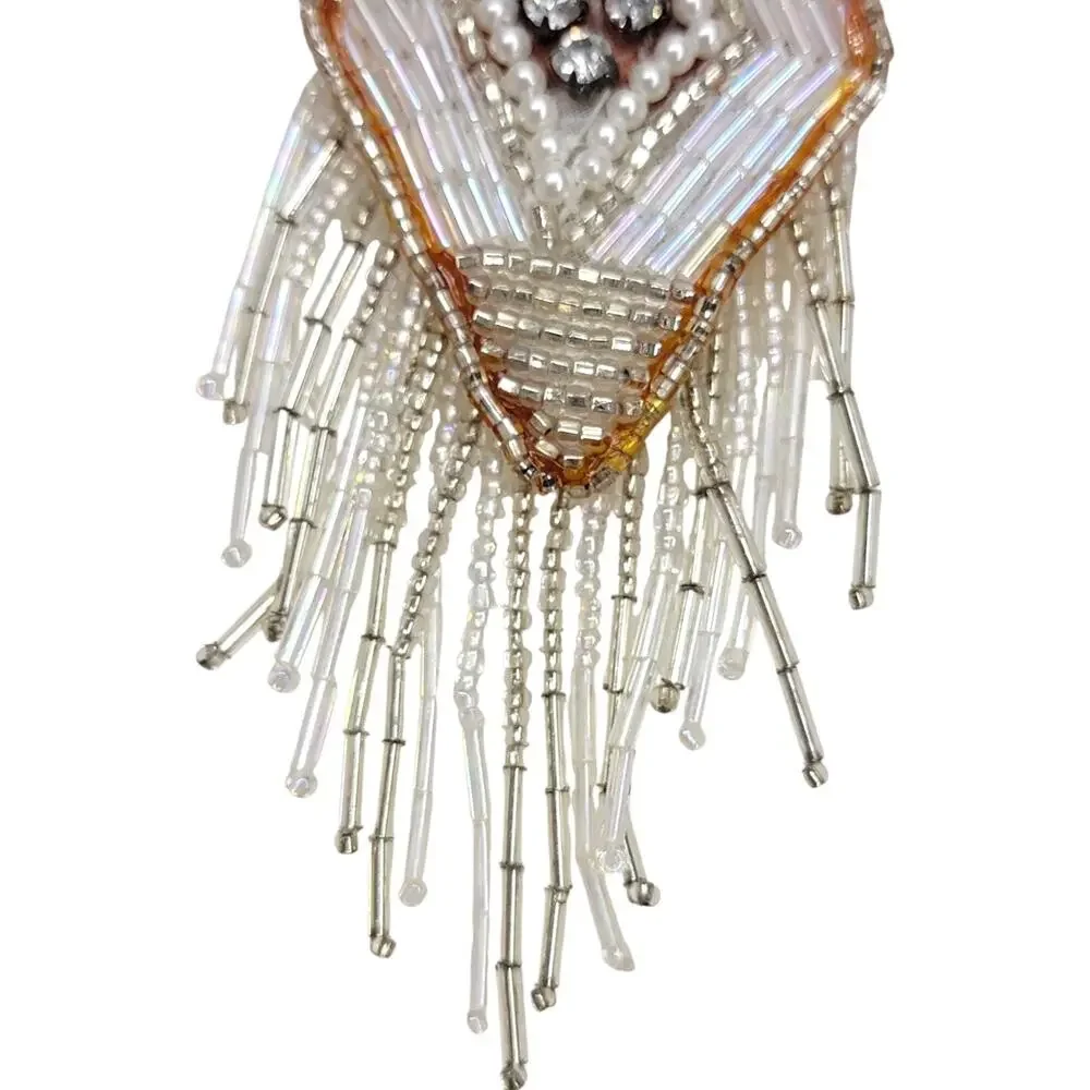 Vintage Beaded Diamond Fringe Applique Tassel Bridal Rhinestone Pearl Patch